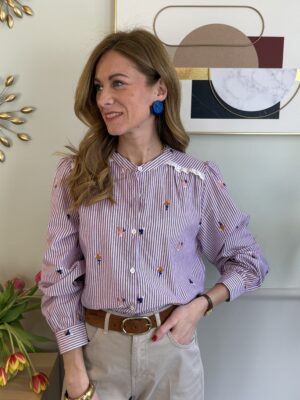 Camicia riga malva-bianca fiori ricamati 27-3