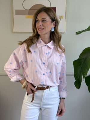 Camicia gessata rosa fiori azzurri 79
