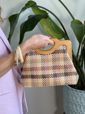 Clutch fantasia damier con manico in legno Rosa/Moro