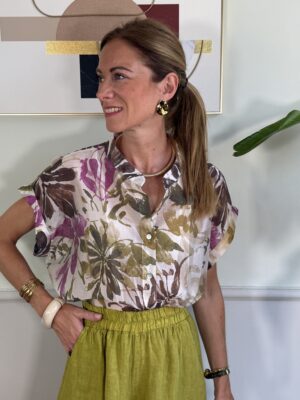 Camicia stampa floreale base burro fiori ciclamino/olio 7n1