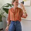 Camicia rigata tabacco/red orange Haveone 422