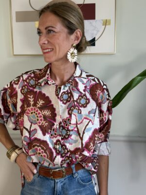 Camicia Lino Viscosa fiori fuxia/tabacco Tensione In AA1 G30
