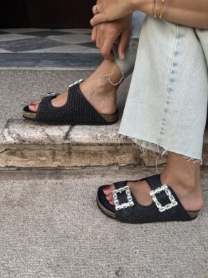 Ciabatta doppia fascia fibbia gioiello B&S NERO